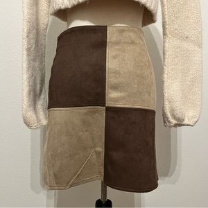 Women’s Patchwork Brown Mini Skirt Faux Suede Mini Skirt